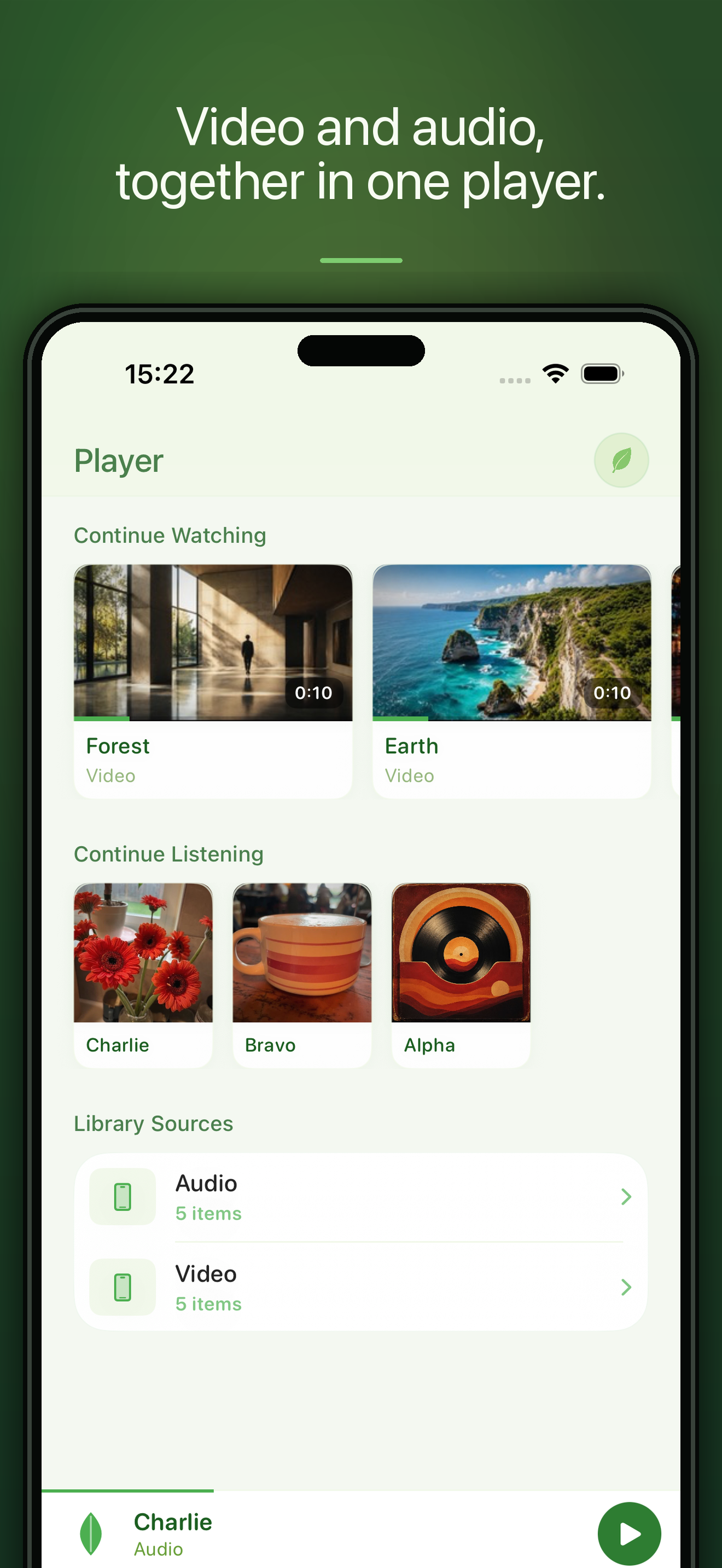 Leaf Player home screen showing video and audio media ready to play