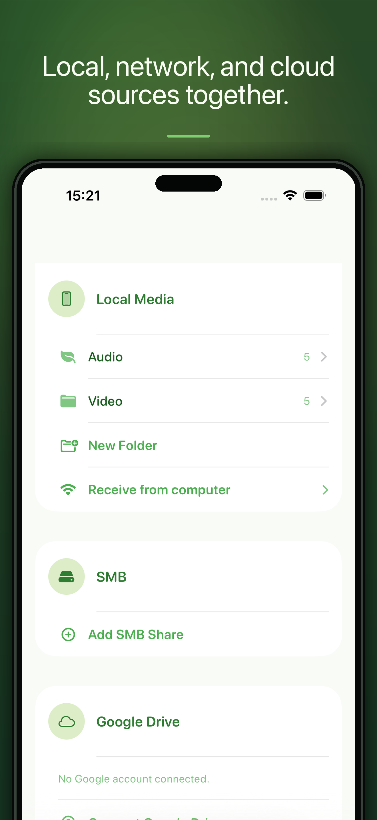 Leaf Player Sources screen showing local, network, cloud, and computer transfer sources