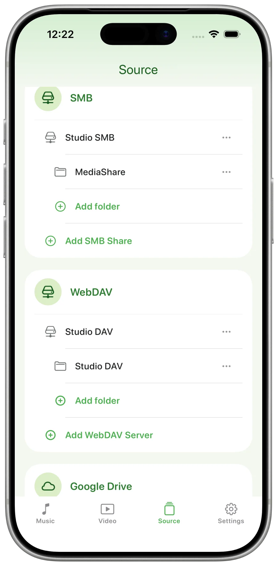 Leaf Player connected sources on iPhone, showing SMB, WebDAV, and Google Drive